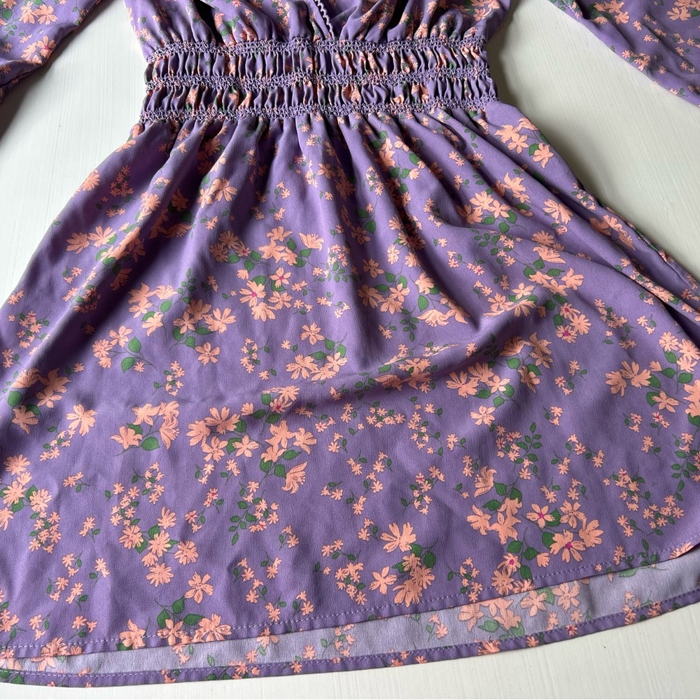 Wayf: Delancy Smocked Waist Lavender Floral Print Boho Mini Dress XS - Picture 2 of 8